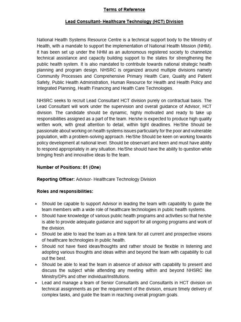 Lead Consultant for HCT Division | PDF | Health Care | Health System