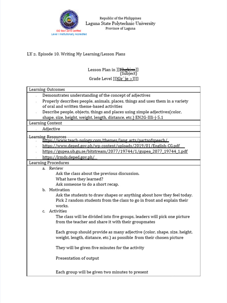 Adjective Lesson Plan for Grade 2 | PDF | Learning | Communication
