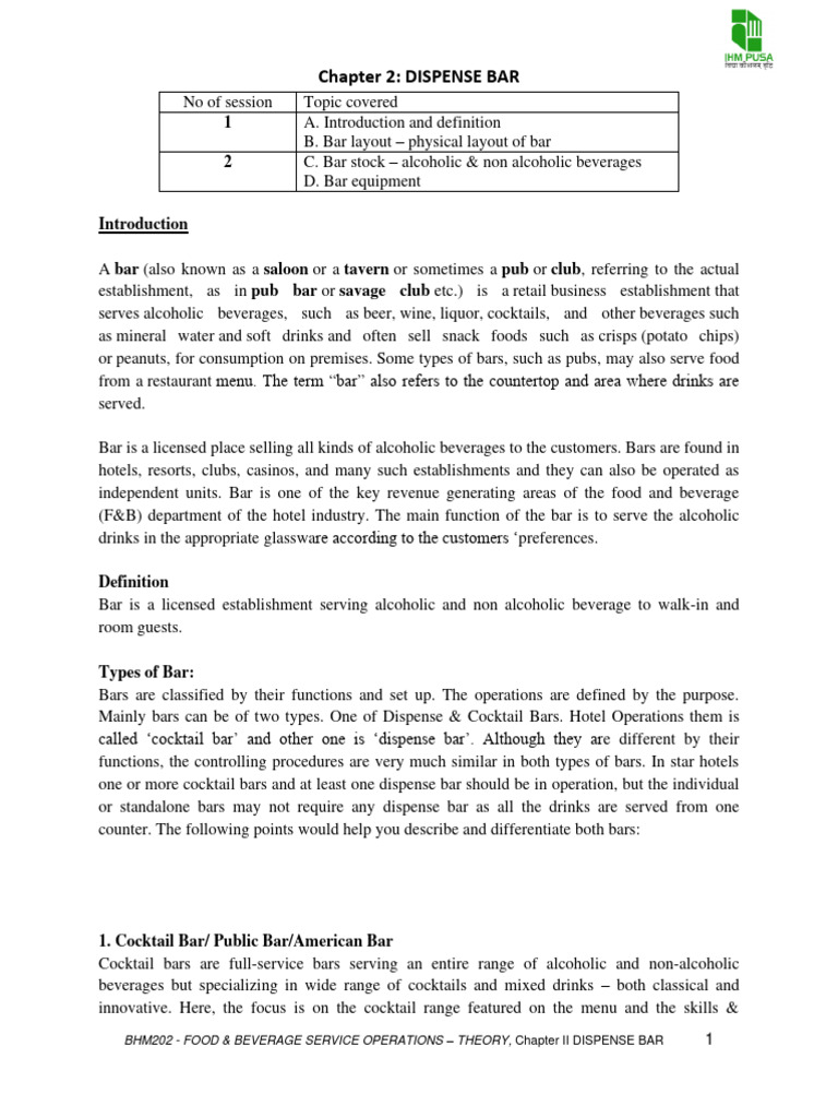 F&B Dispense Bar Handout PDF Bar (Establishment) Drink