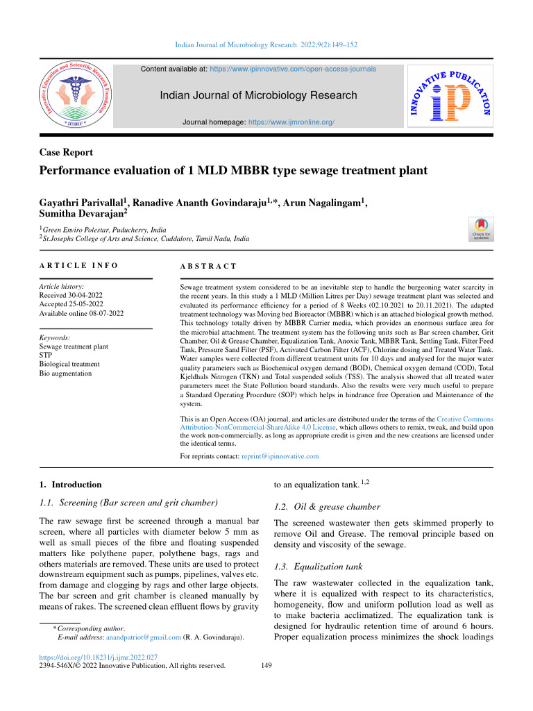 Performance of 1 MLD MBBR Sewage Plant | PDF | Sewage Treatment ...