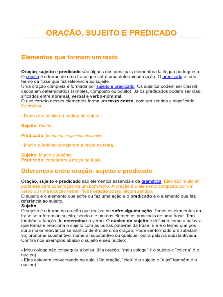 ORAÇÃO SUJEITO E PREDICADO-matéria | PDF | Assunto (gramática ...