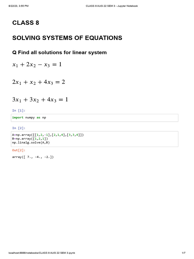 CLASS 8 AUG 22 SEM 3 - Jupyter Notebook | PDF | Matrix (Mathematics ...