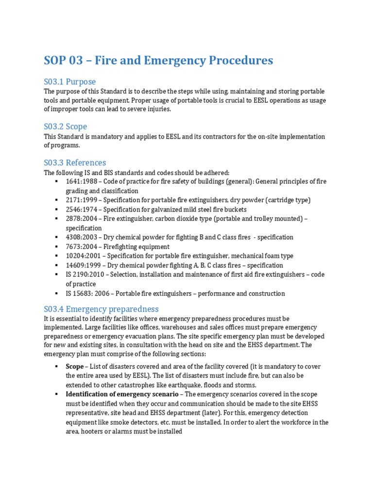 Fire and Emergency Procedures SOP | PDF | Safety | Fires