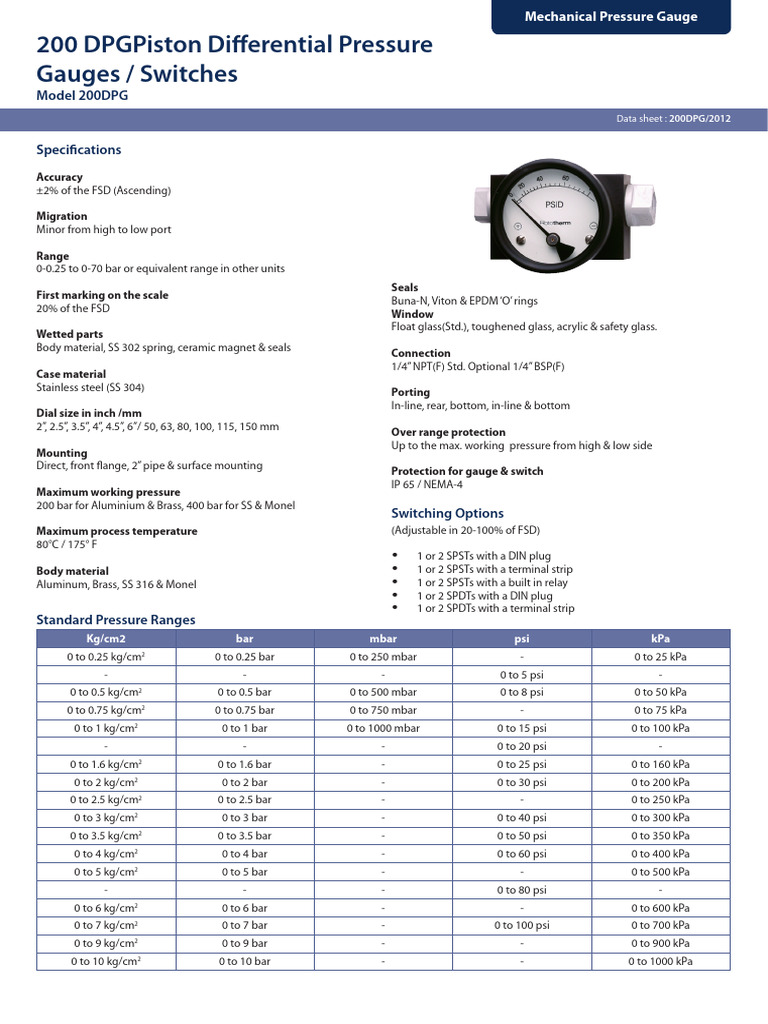 200DPG Differential Pressure Gauge DATSHEET | PDF | Pressure ...