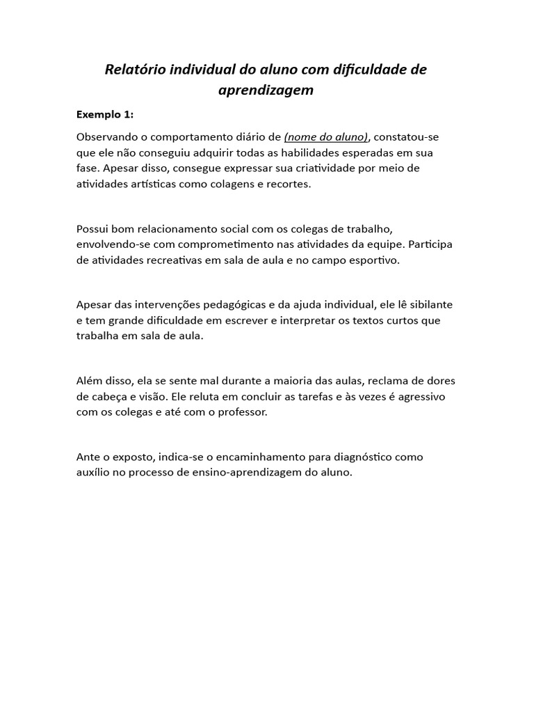 Relatório Individual Do Aluno Com Dificuldade de Aprendizagem | PDF