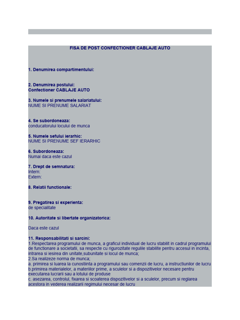 Fisa de Post Confectioner Cablaje Auto | PDF