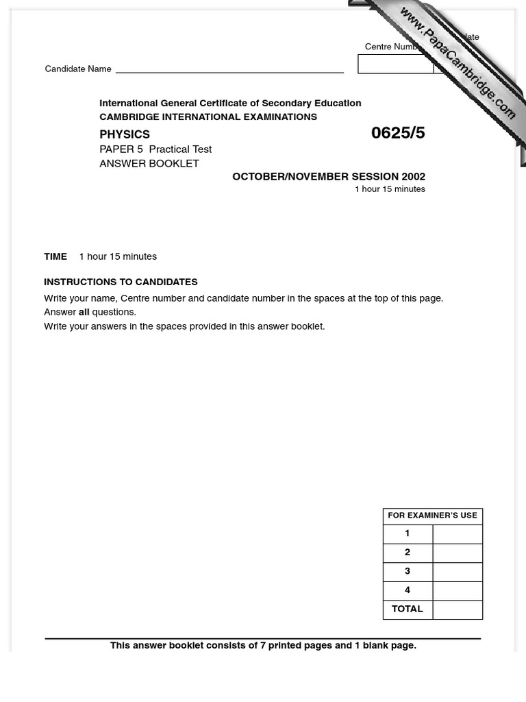 Physics PAPER 5 Practical Test Answer Booklet PDF Student Assessment And Evaluation