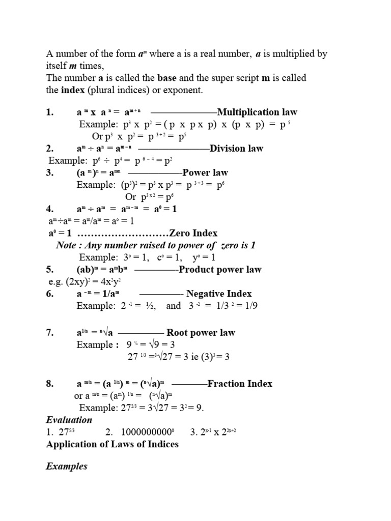 Laws of Indices and Exponential Equations | PDF | Equations | Quadratic ...