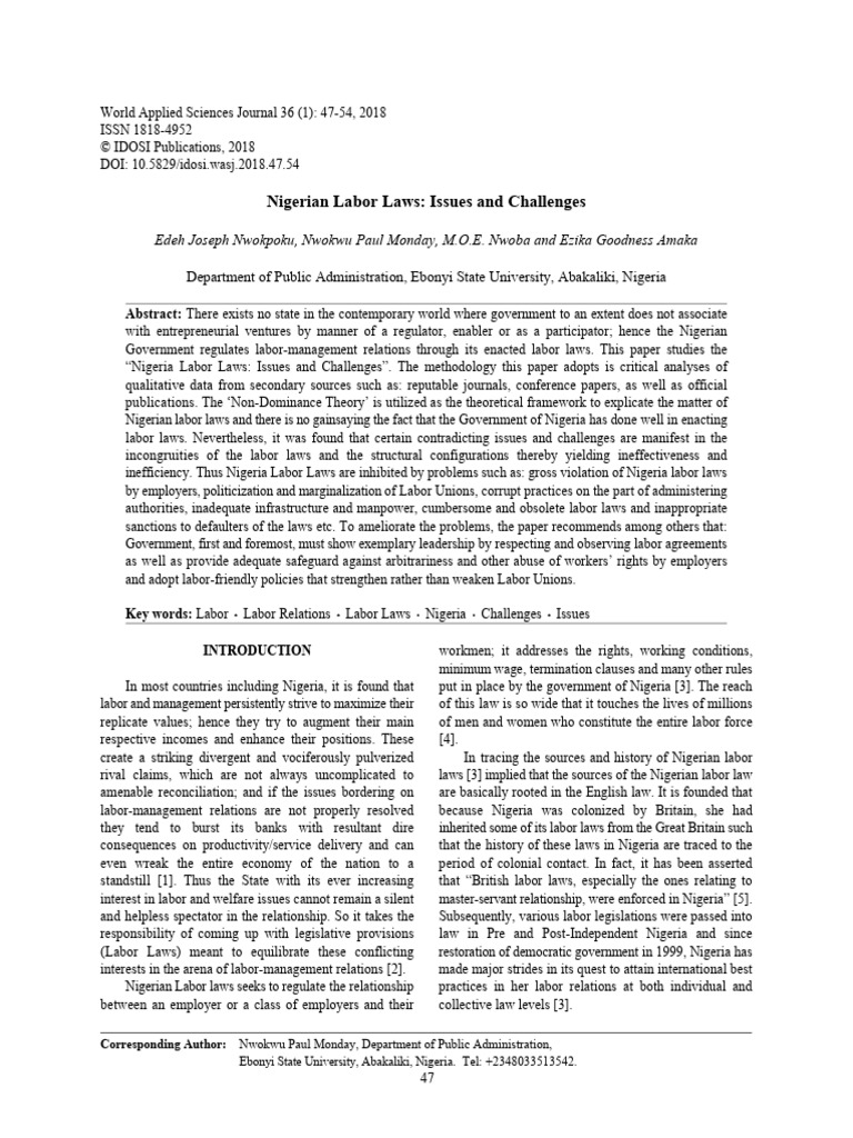 Nigerian Labor Laws: Issues and Challenges | PDF | Employment | Labour Law