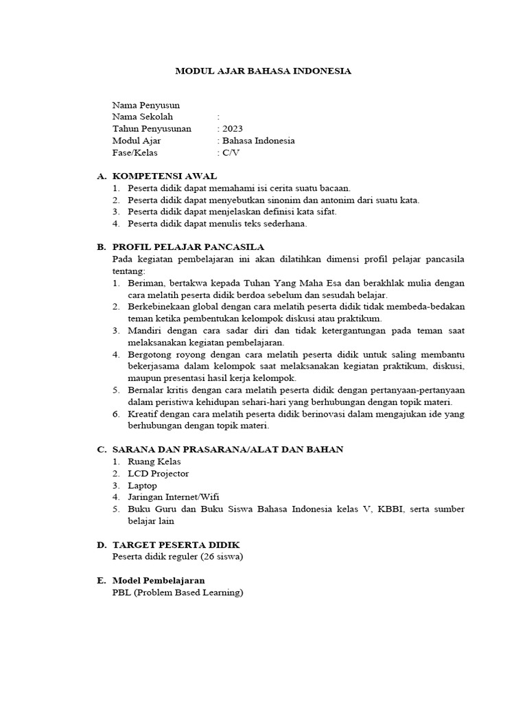 Modul Ajar Bahasa Indonesia Kelas 5 | PDF | Karier & Perkembangan ...