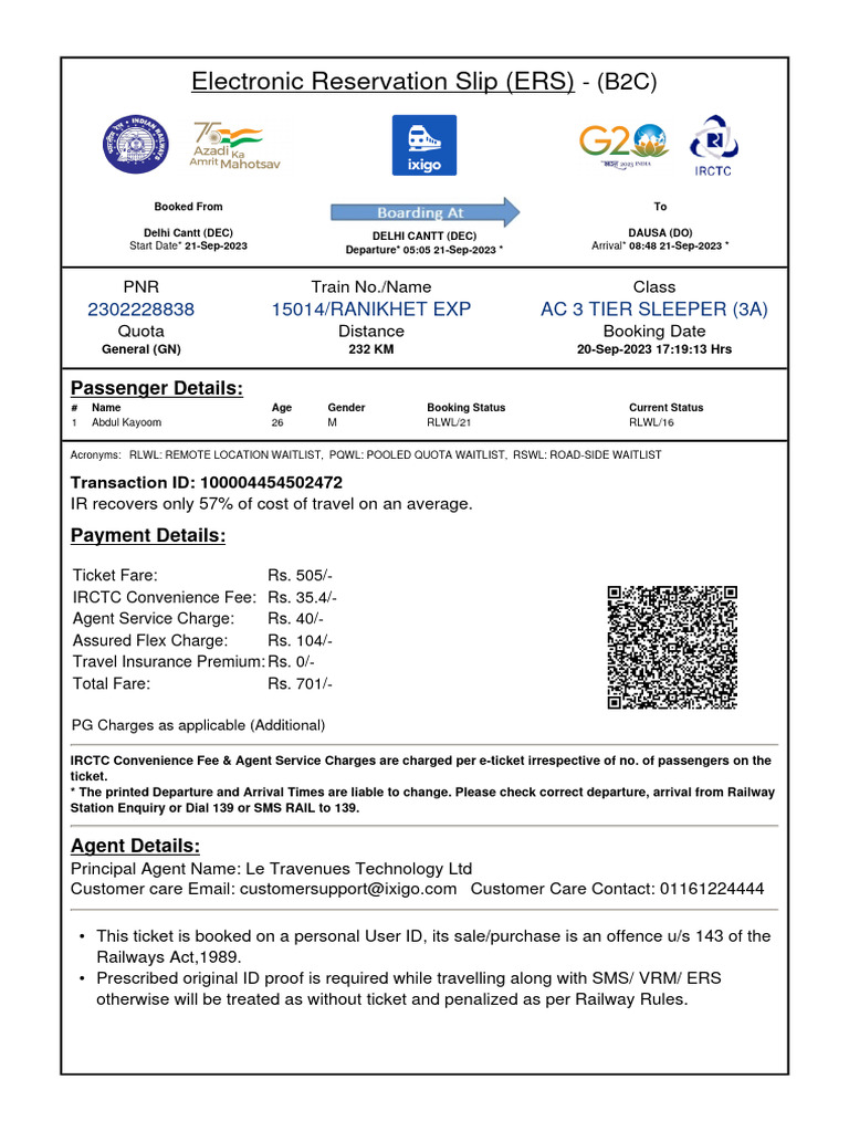 Electronic Reservation Slip (ERS) : 2302228838 15014/RANIKHET EXP Ac 3 ...