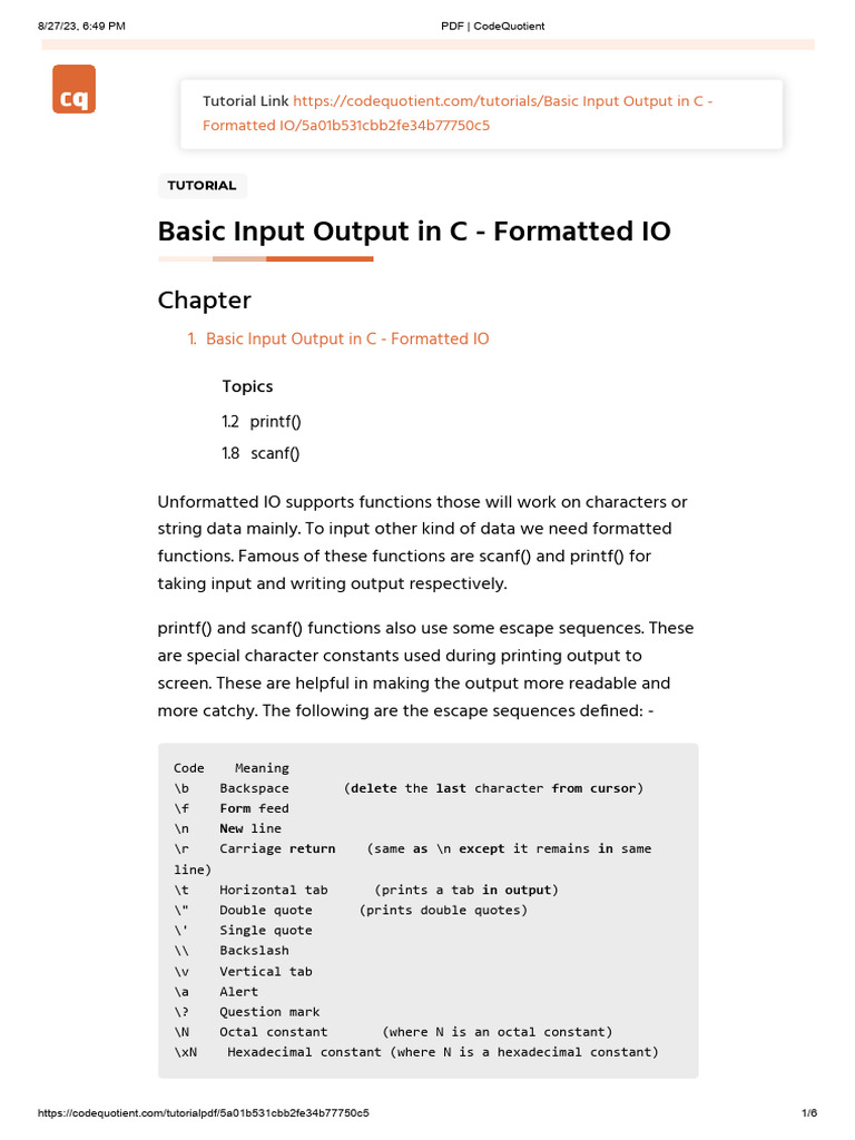 Basic Input Output in C - Formatted IO | PDF | Computer Architecture ...