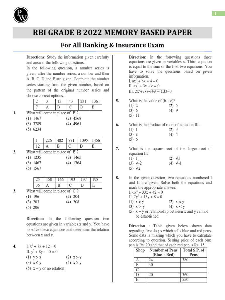 RBI Grade B 2022 Memory-Based Paper | PDF | Area | Equations