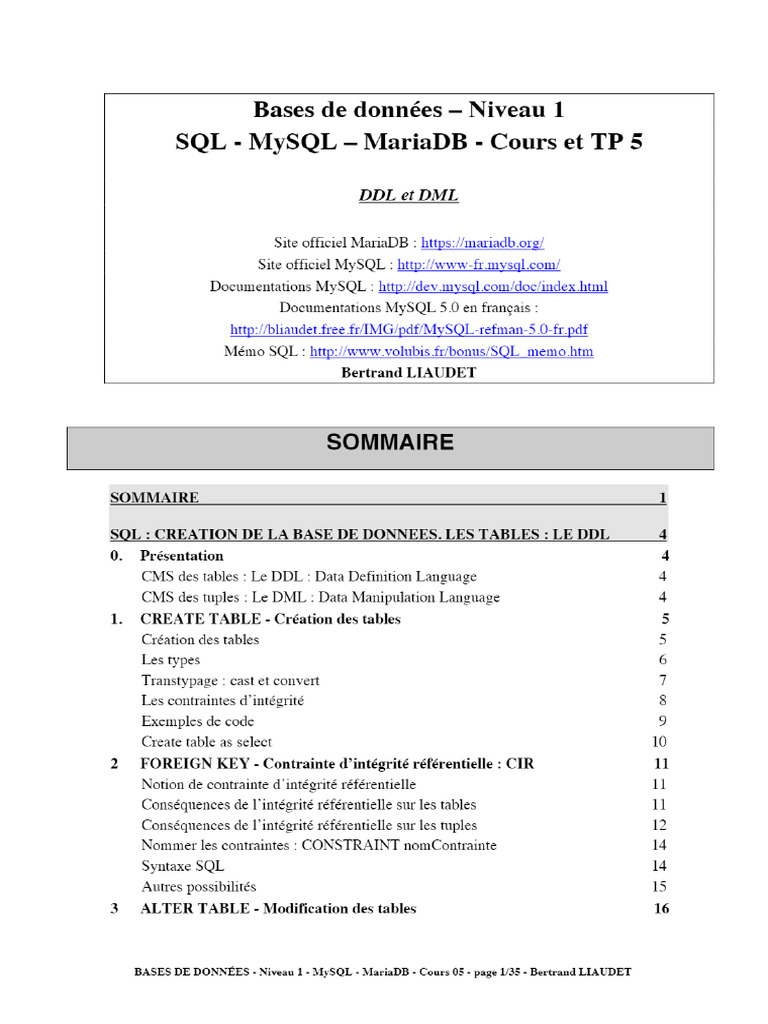 Bases de Données - Niveau 1 SQL - MySQL - MariaDB | PDF