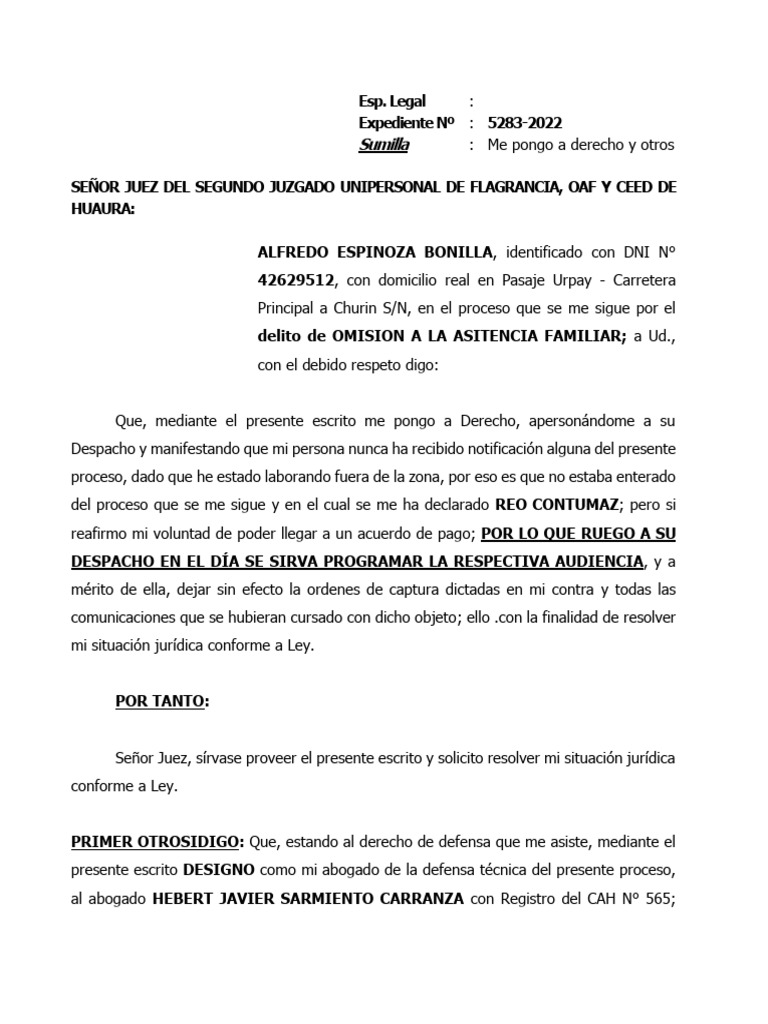 Apersonamiento Contumaz Alfredo Espinoza Bonilla PDF Ley procesal