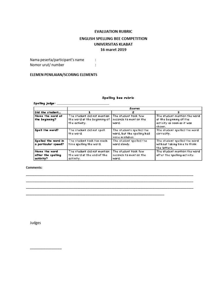 Spelling Bee Rubric PDF Lexicography