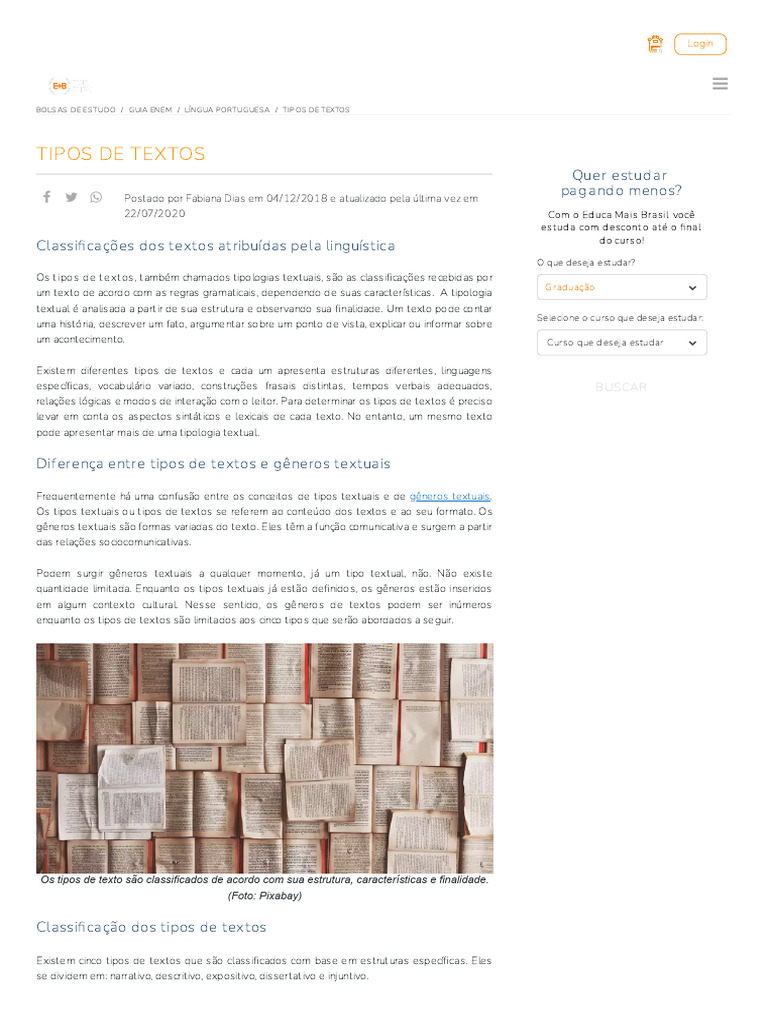 Tipos de Textos na Língua Portuguesa | PDF | Comunicação humana ...