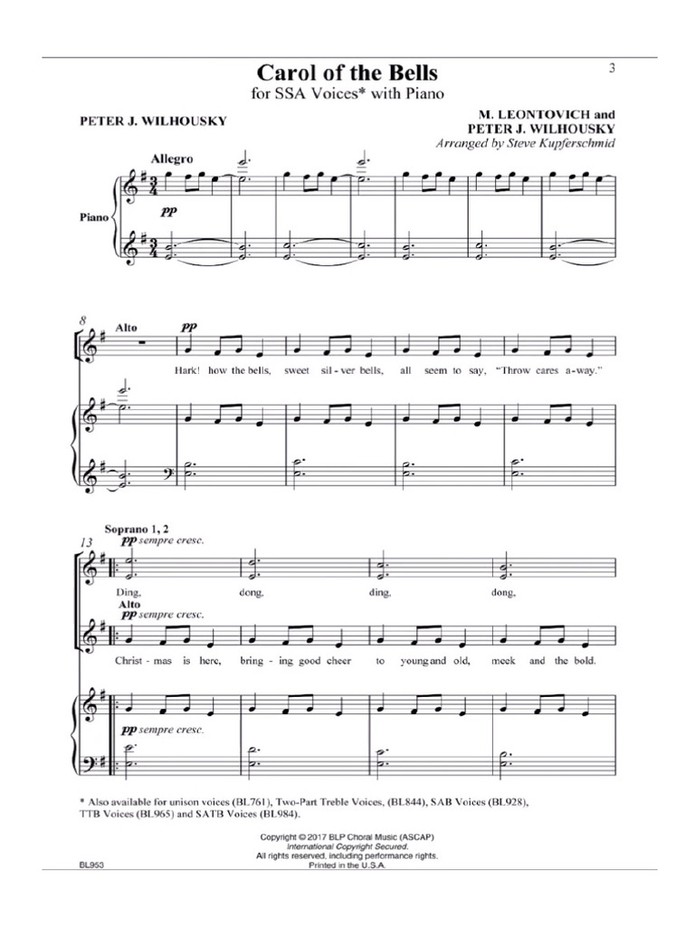 Carol of The Bells Ssa | PDF