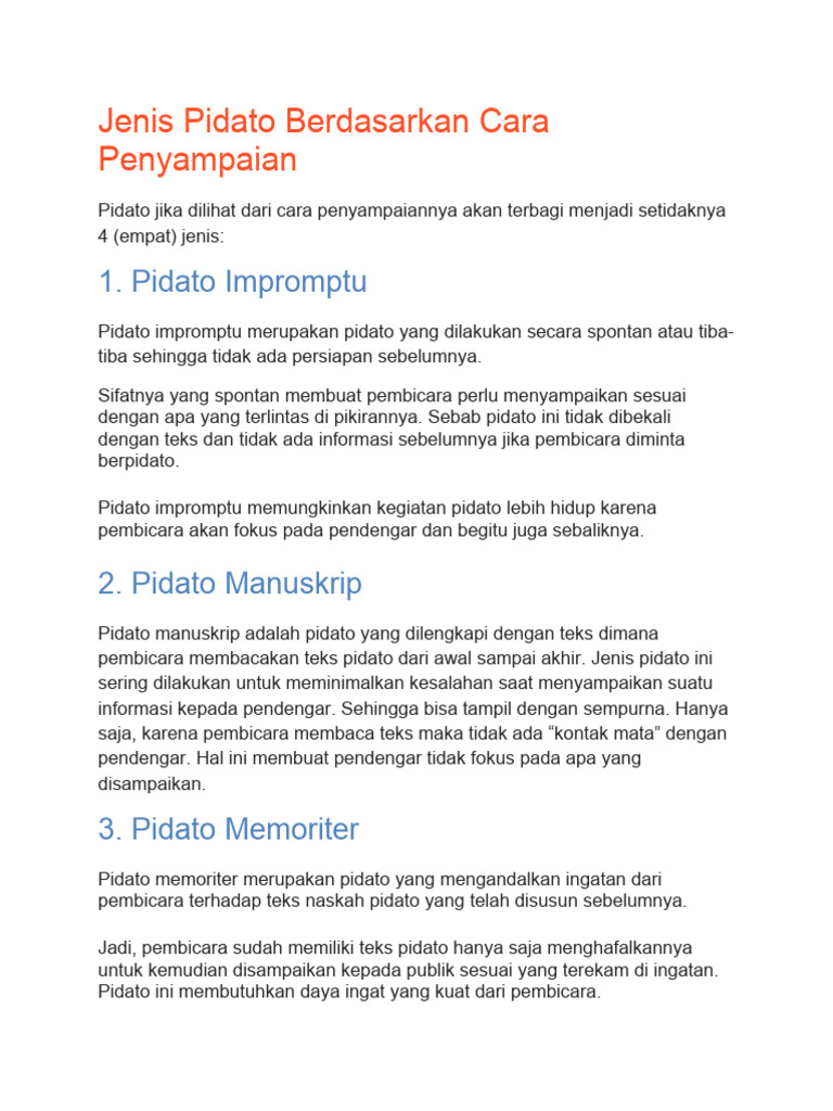 Jenis Pidato Berdasarkan Cara Penyampaian | PDF