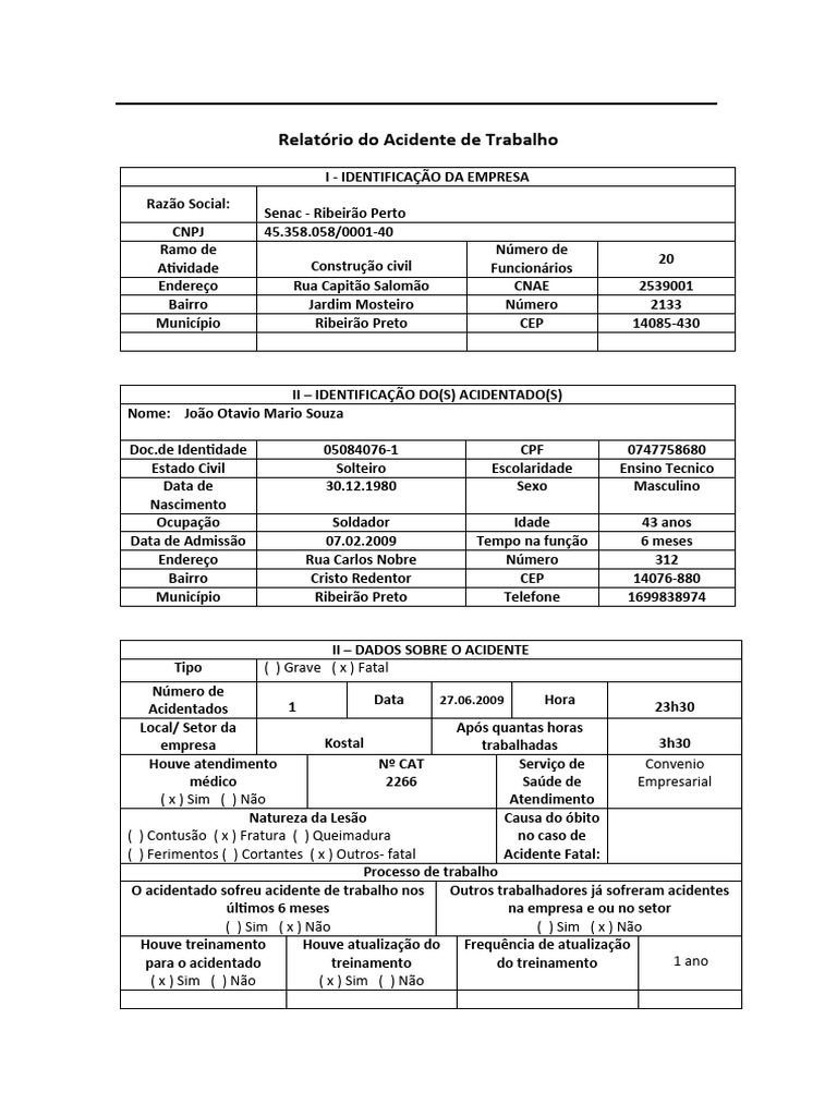Modelo De Relatorio De Acidente De Trabalho Pdf