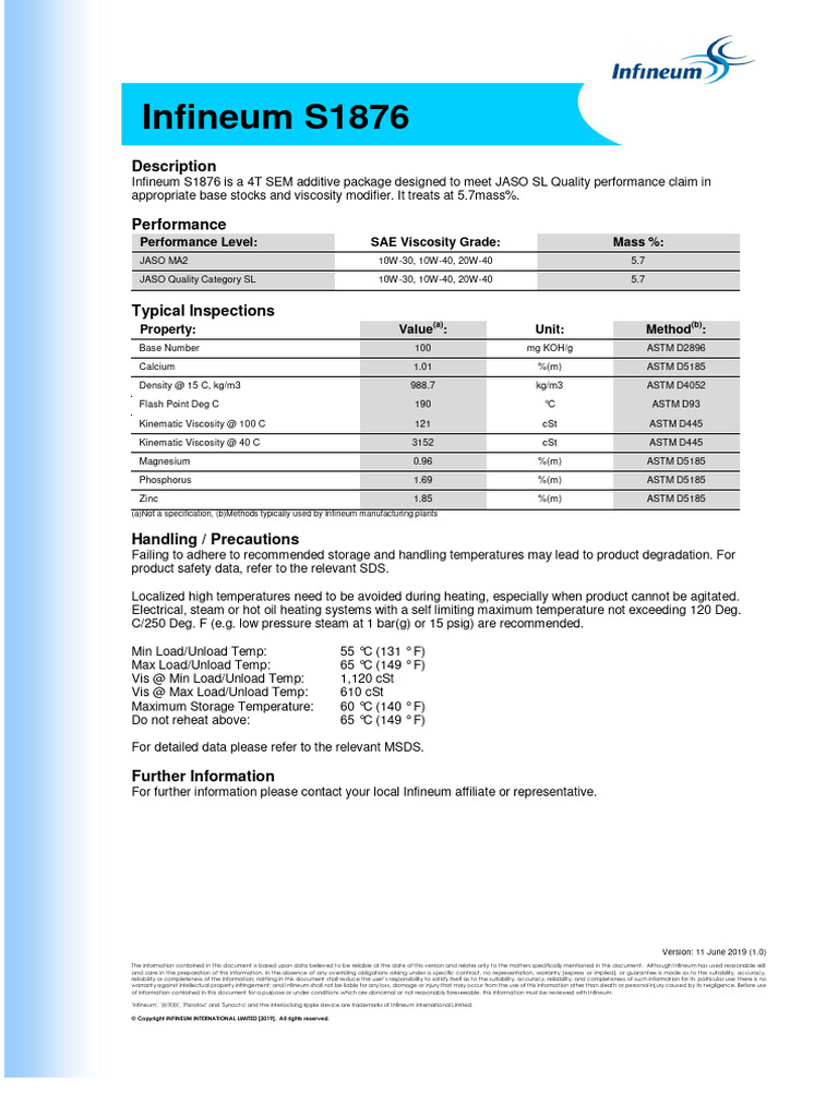 Infineum S1876 PDF Motor Oil Physical Sciences