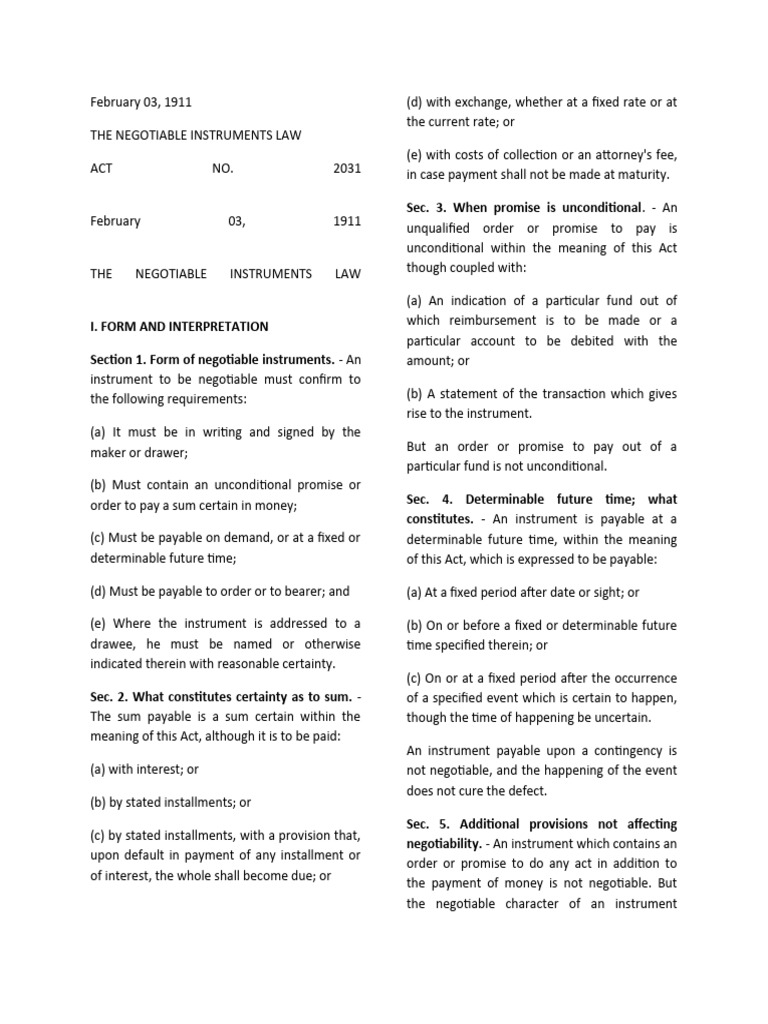 Overview of the Negotiable Instruments Law | PDF | Negotiable ...