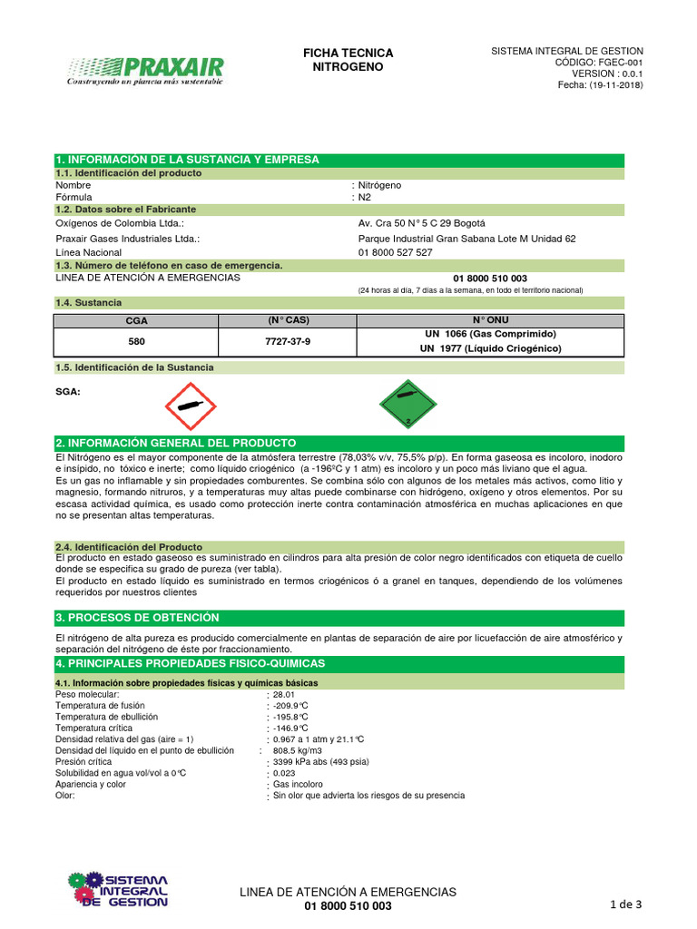 Ficha Técnica de Nitrógeno Comprimido | PDF | Nitrógeno | Líquidos