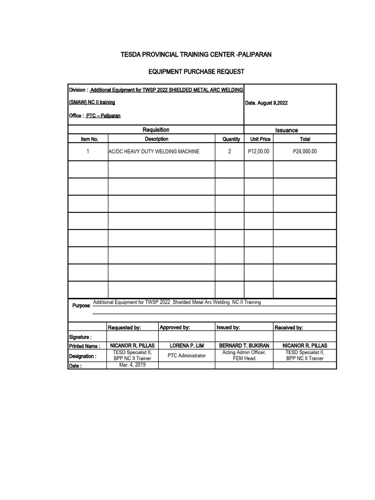 MTF Equipment Purchase Request | PDF