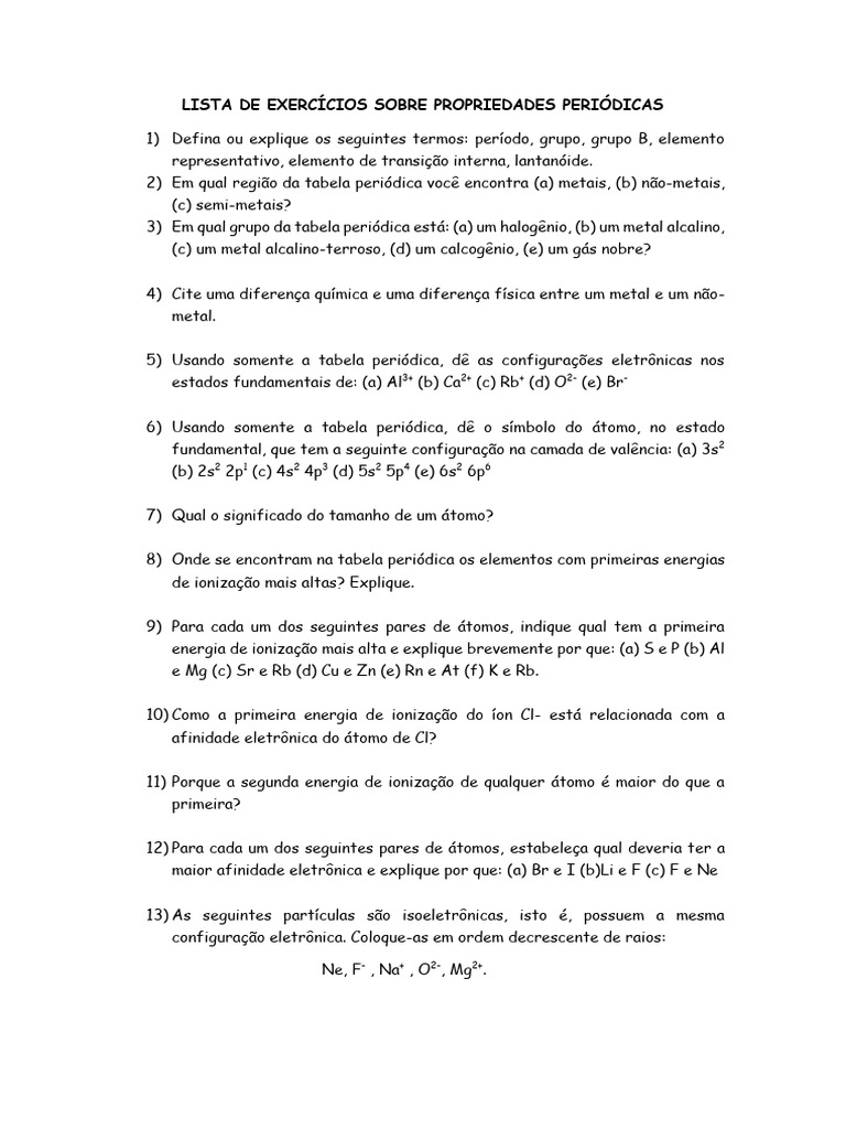 Lista de Exercícios Sobre Propriedades Periódicas | PDF