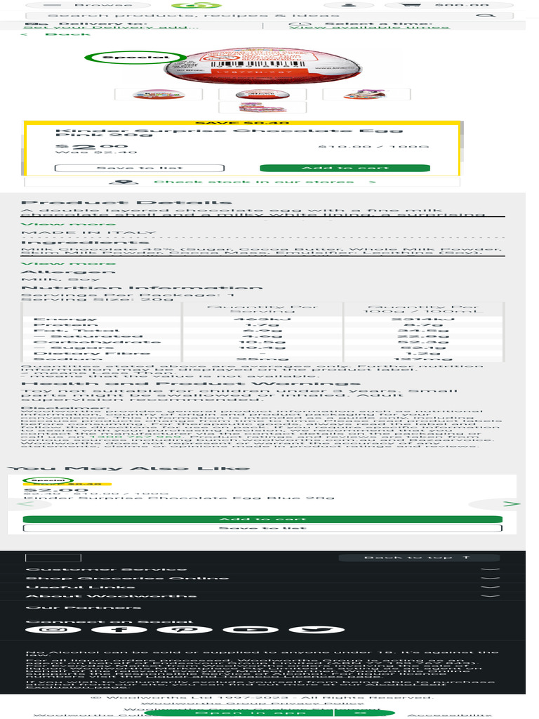 Kinder Surprise Chocolate Egg Pink 20g Woolworths Pdf Chocolate Milk