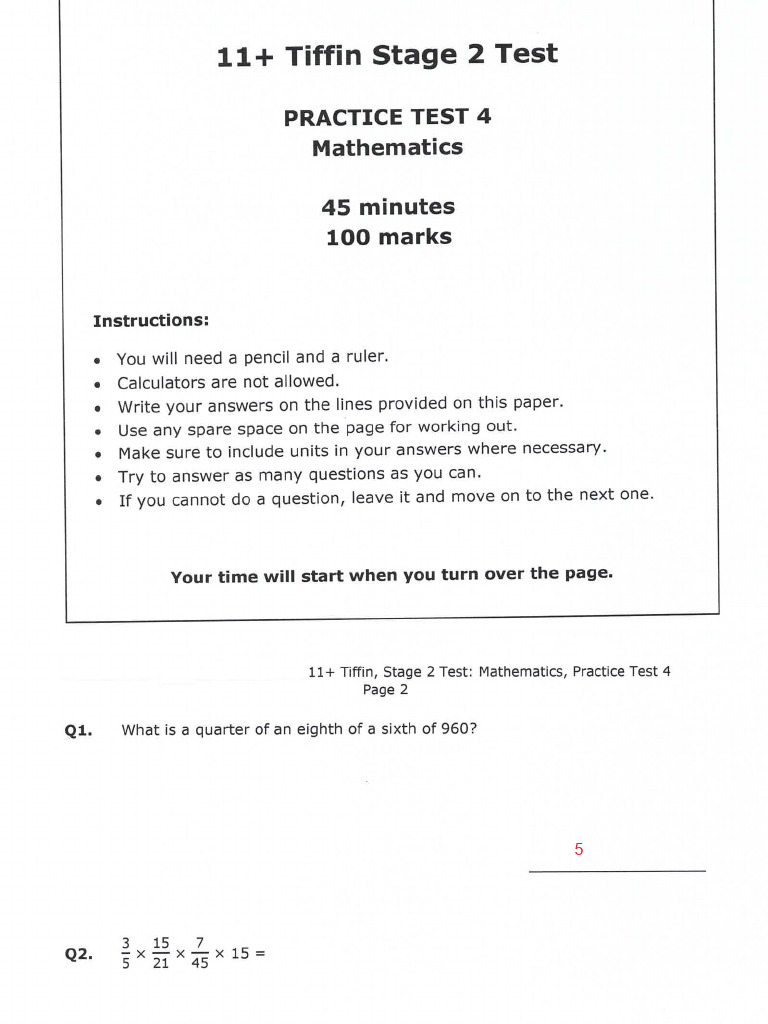 11 t4 Epp Tiffin Stage 2 Maths Practice Test 4 | PDF