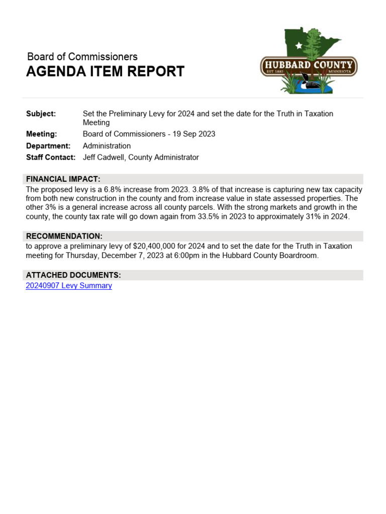 Hubbard County Payable 2024 Preliminary Levy Chart | PDF | Taxes ...