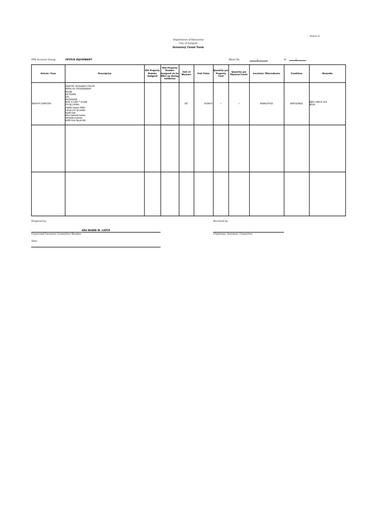 Inventory Count Form Sample PDF Central Processing Unit Office