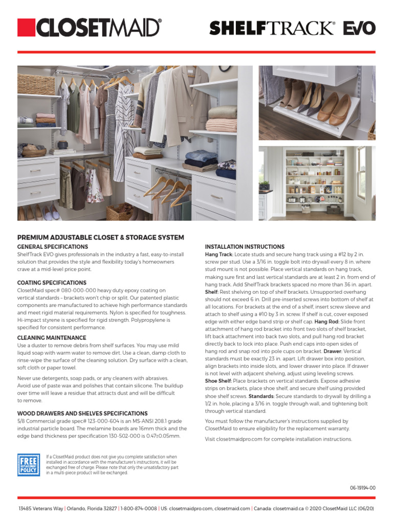 ClosetMaid ShelfTrack EVO Spec Sheet Rev0820 PDF Screw Drywall