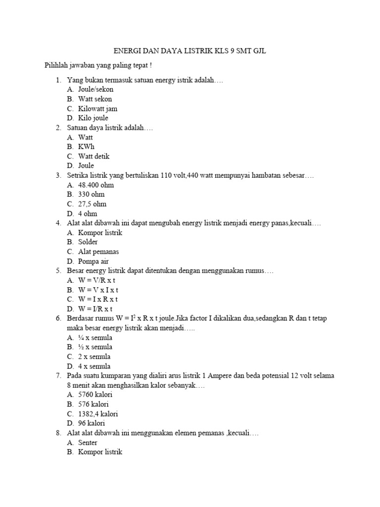 Soal Energi dan Daya Listrik Kelas 12 | PDF | Sains & Matematika ...