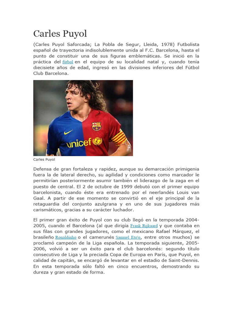 Biografía de Carles Puyol | PDF | FC Barcelona | Asociación de ...