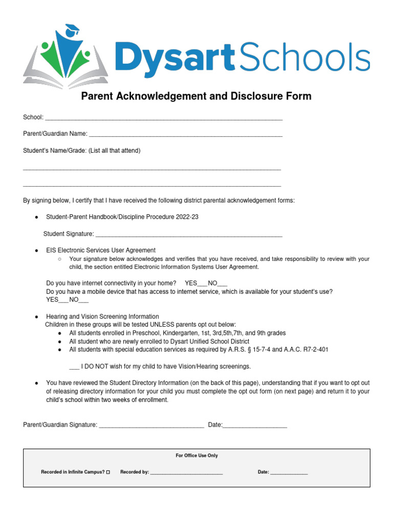 Parent Acknowledgement & Disclosure Form | PDF | Wellness