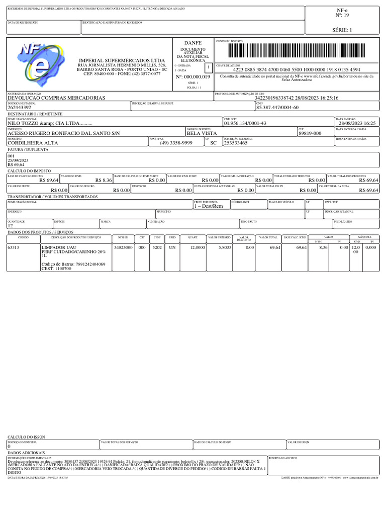 Nfe 191801354594 | PDF | Recibo | Serviços financeiros