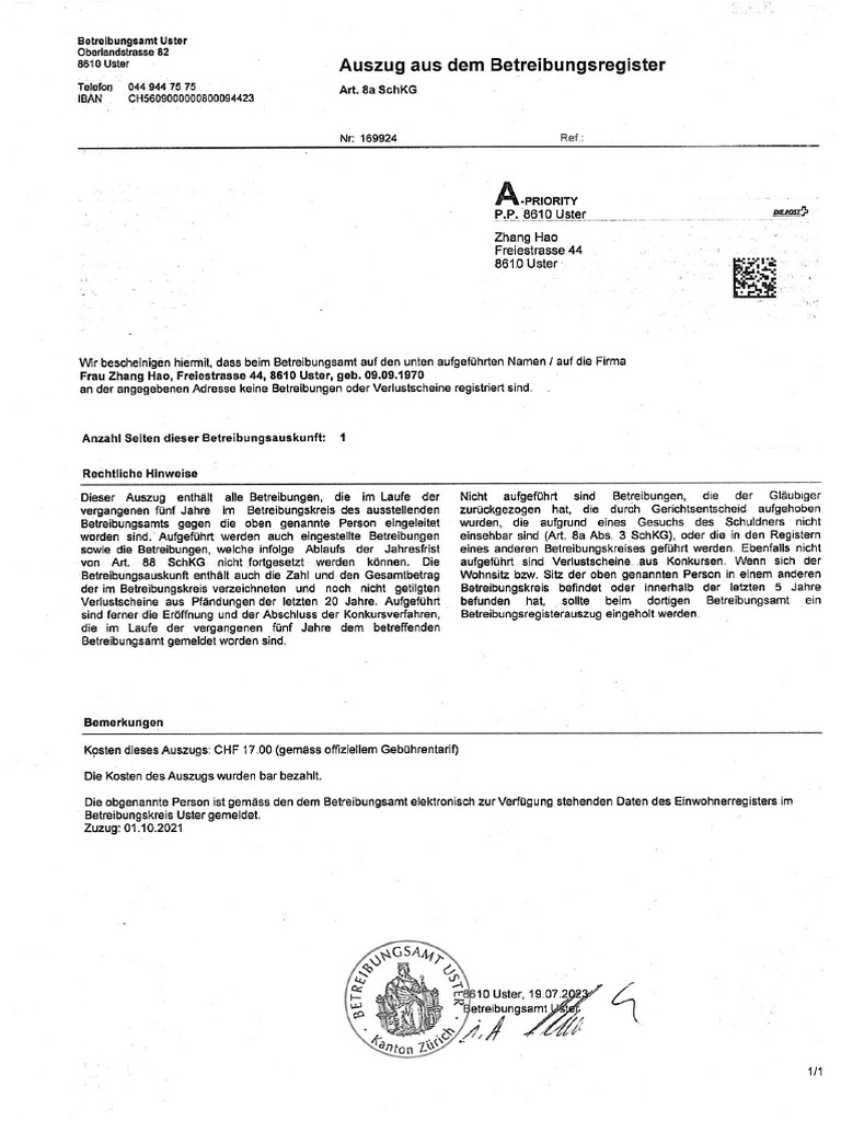 Betreibungsauszug Vom Betreibungsamt Villmergen – QMBVNL