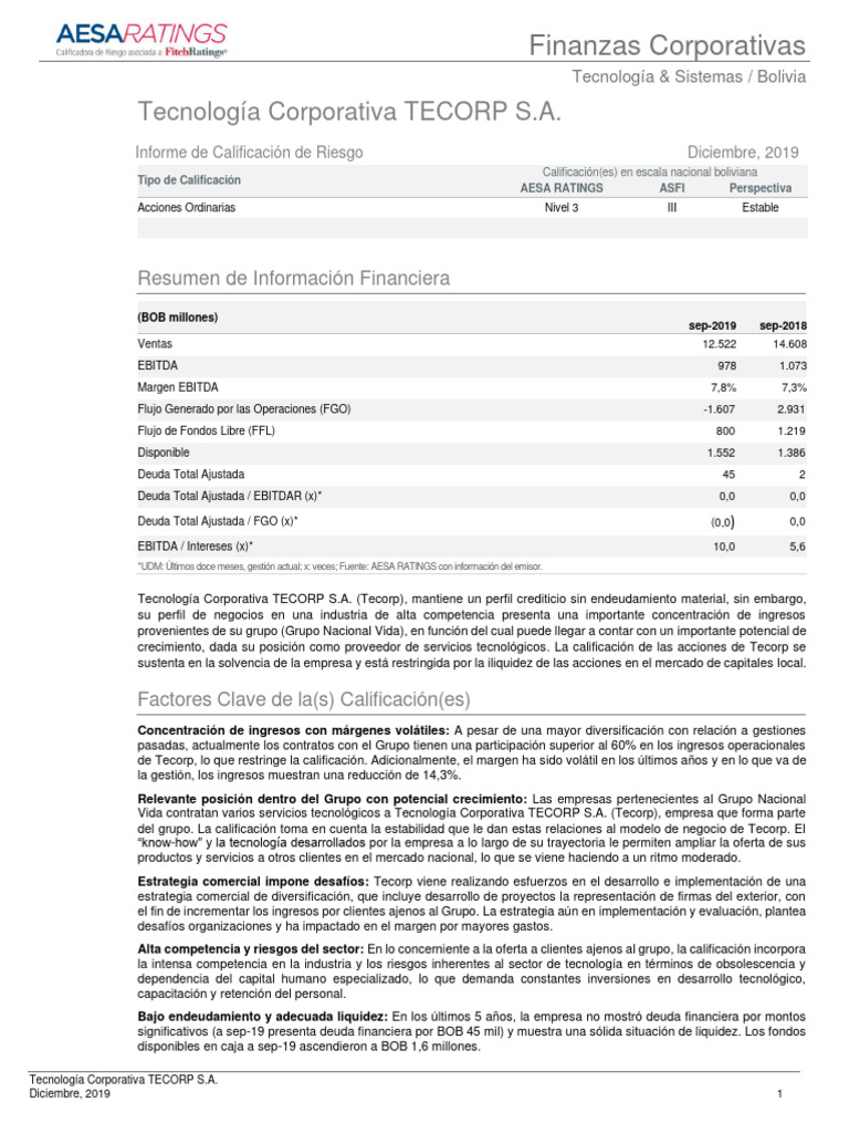 Calificación de Riesgo de TECORP S.A. | PDF | Business | La seguridad ...