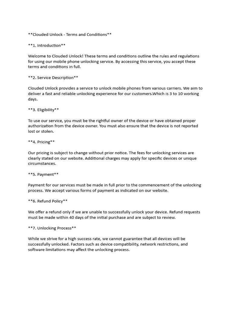 Terms and Conditions PDF Pricing Business