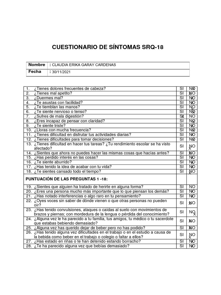 Cuestionario De Síntomas Srq 18 Pdf Trastorno Mental Alcoholismo