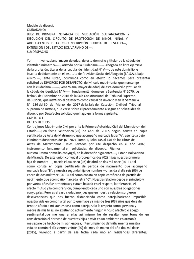 Modelo de Divorcio | PDF | Divorcio | Judicaturas