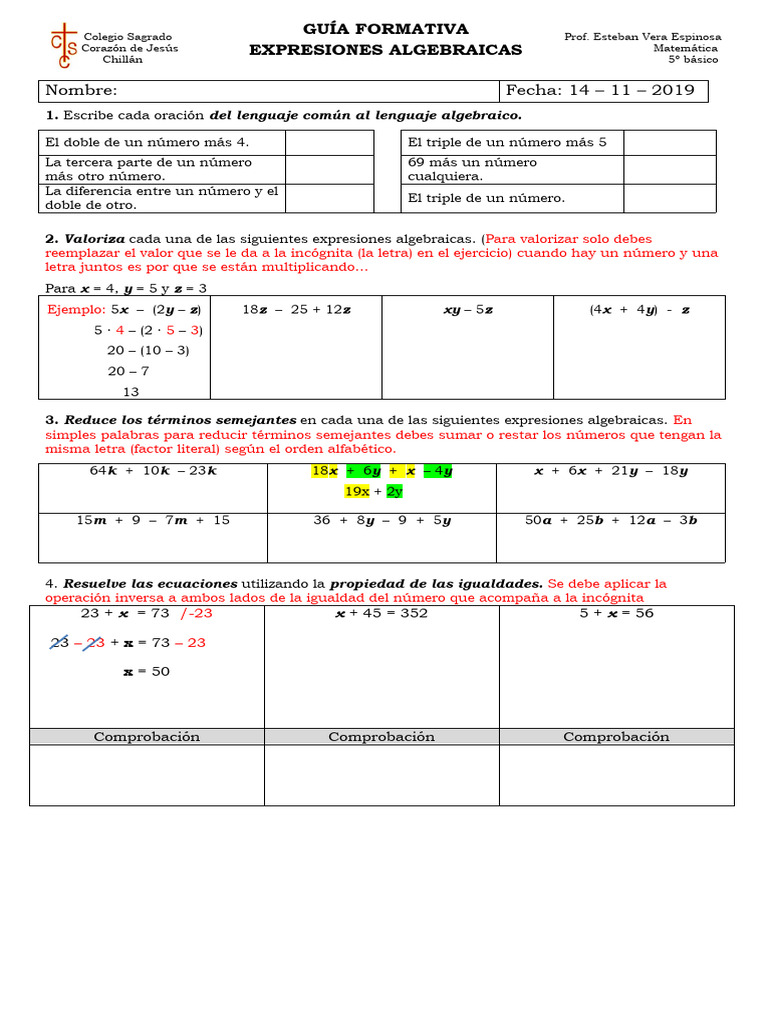 Expresiones Algebraicas para 5º Básico | PDF | Métodos y materiales de ...