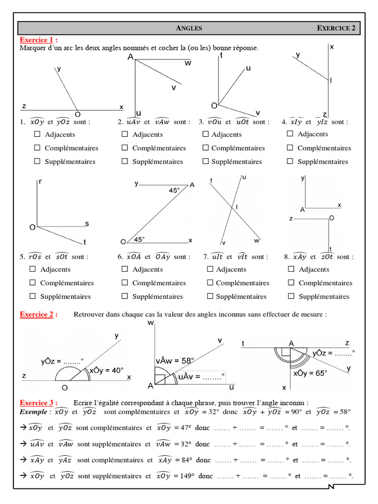 Angles Complementaires Et Supplementaires Exercices | PDF