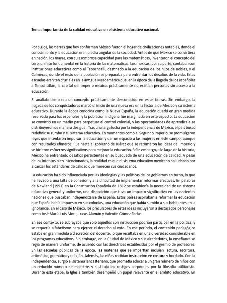 Importancia de La Calidad Educativa en El Sistema Educativo Nacional ...