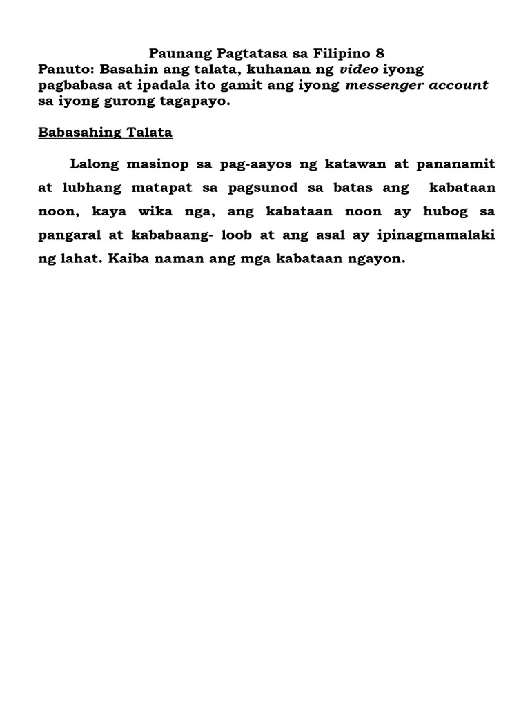 Literacy Assessment Tool In Filipino 8 Pdf