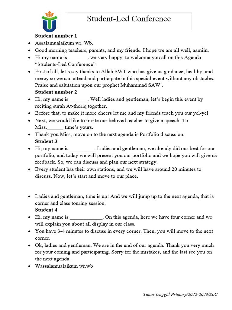 Student-Led Conference Welcome Script | PDF