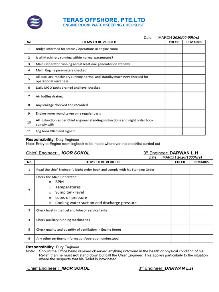 Engine Room Watch Keeping Checklist PDF