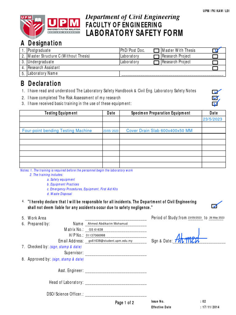 FKJUR1 Lab Safety Form 02 PDF Laboratories Physical Sciences